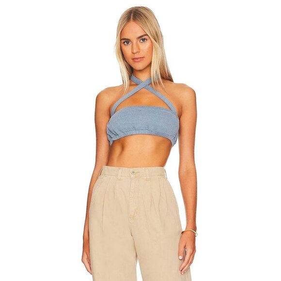 We Wore What Revolve Tie Halter Wide Rib Bra Top Women's Size XS Storm Blue NWT - Picture 4 of 16